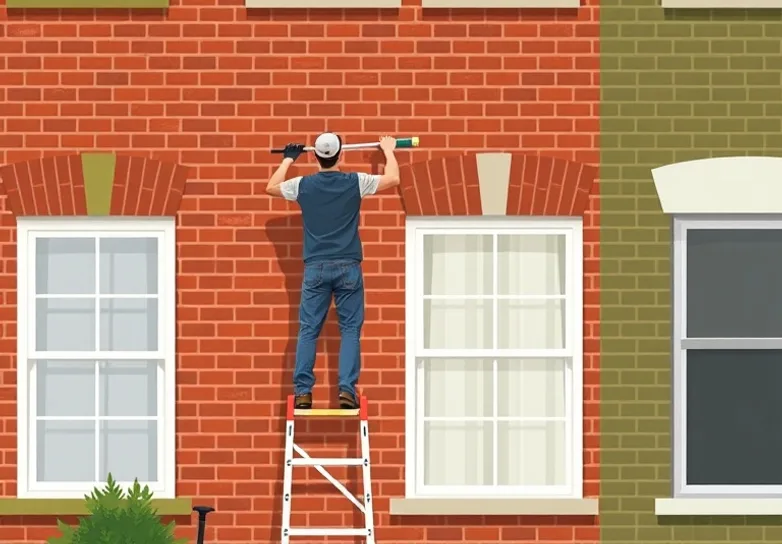 Peintre sur échafaudage traitant la façade d'une maison